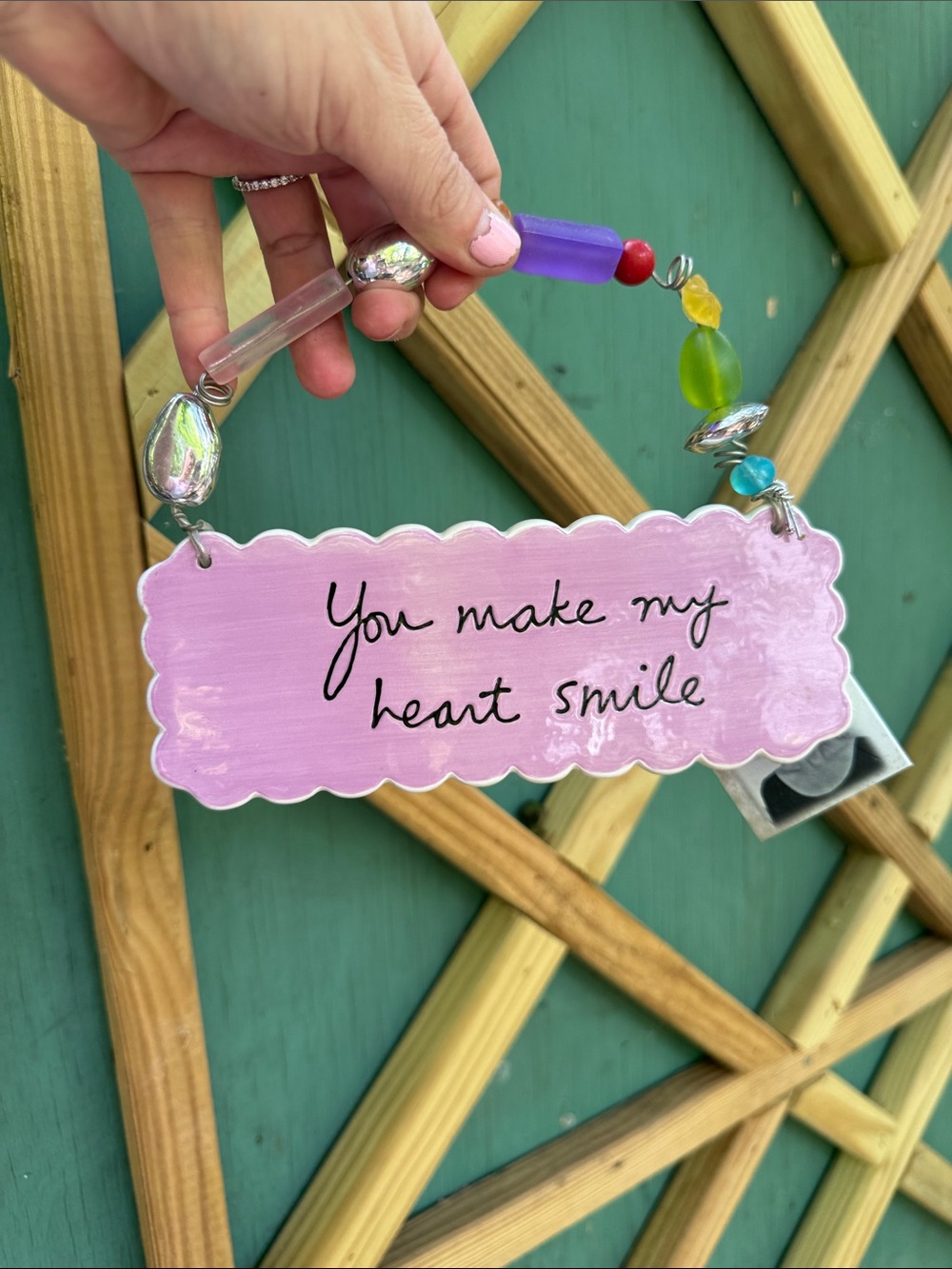 Department 56 Pink Beaded "You make my heart smile" Hanging Sign